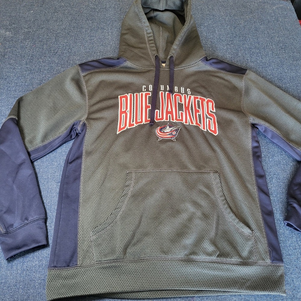 NHL Columbus Blue Jackets Hoodie Mens Medium Grey Navy Blue Mesh Fleece Pullover